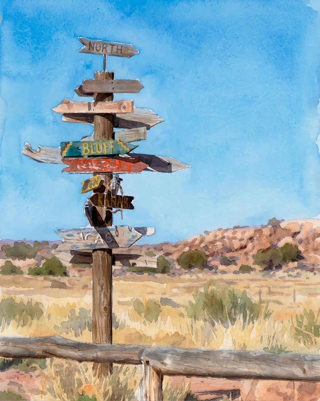 Crossroads watercolor fine art print of a weathered signpost near Moab Utah at Little Far West by Deborah Heinlen