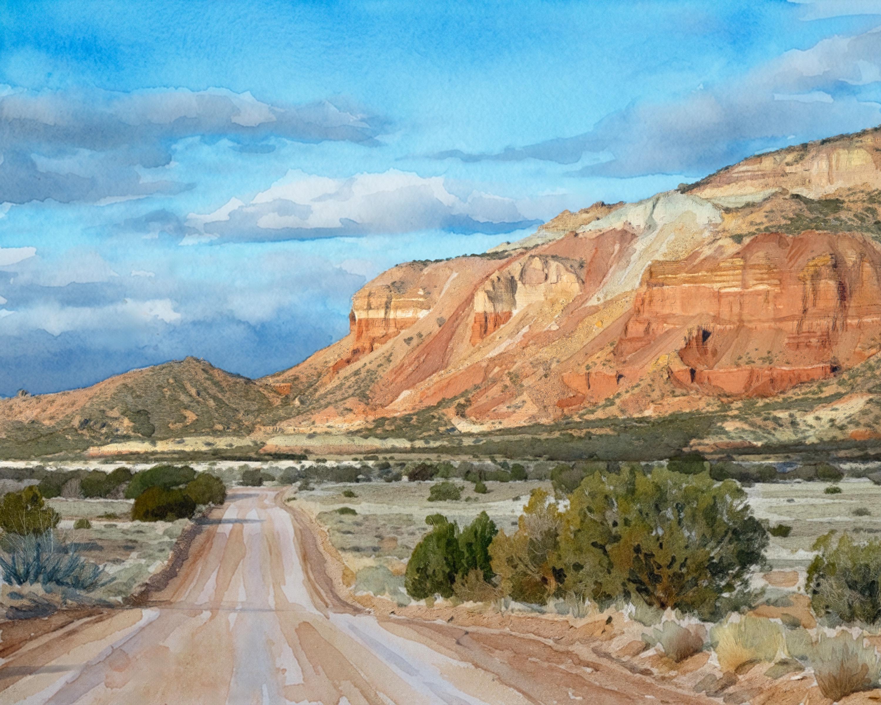Red Rock Light watercolor fine art print of a BLM dirt road through Utah red rock canyon country by Deborah Heinlen