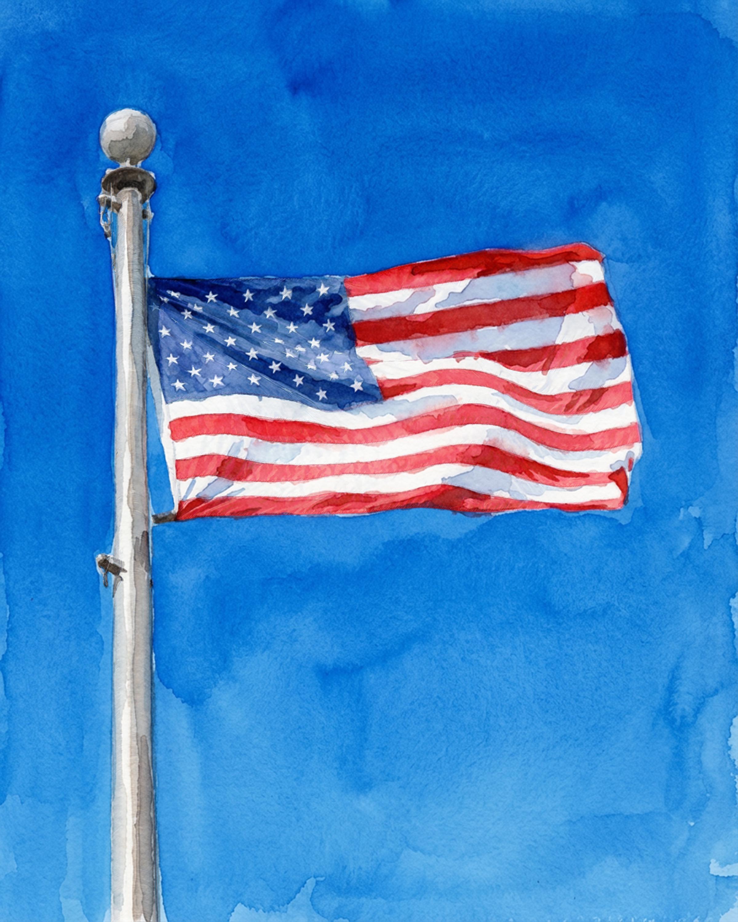 Dawn's Early Light watercolor fine art print of an American flag in Covington Kentucky by Deborah Heinlen