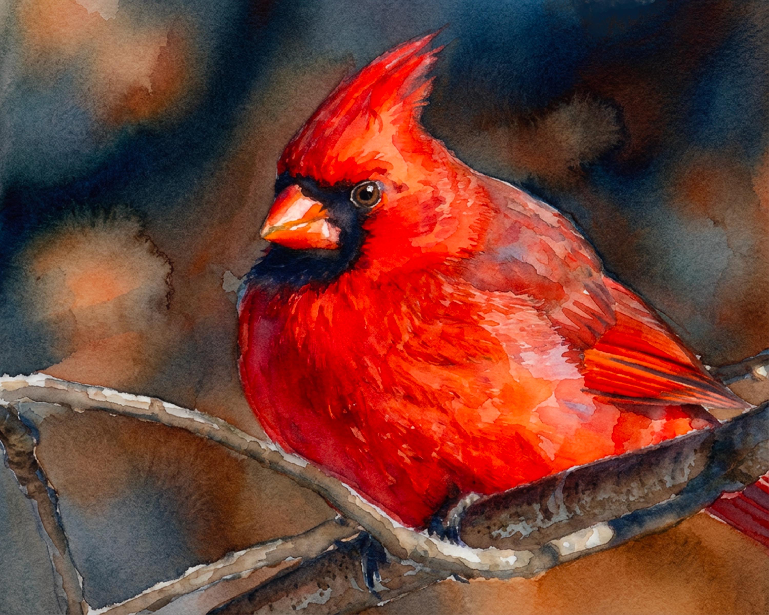 Crimson watercolor fine art print of a Northern Cardinal portrait by Deborah Heinlen