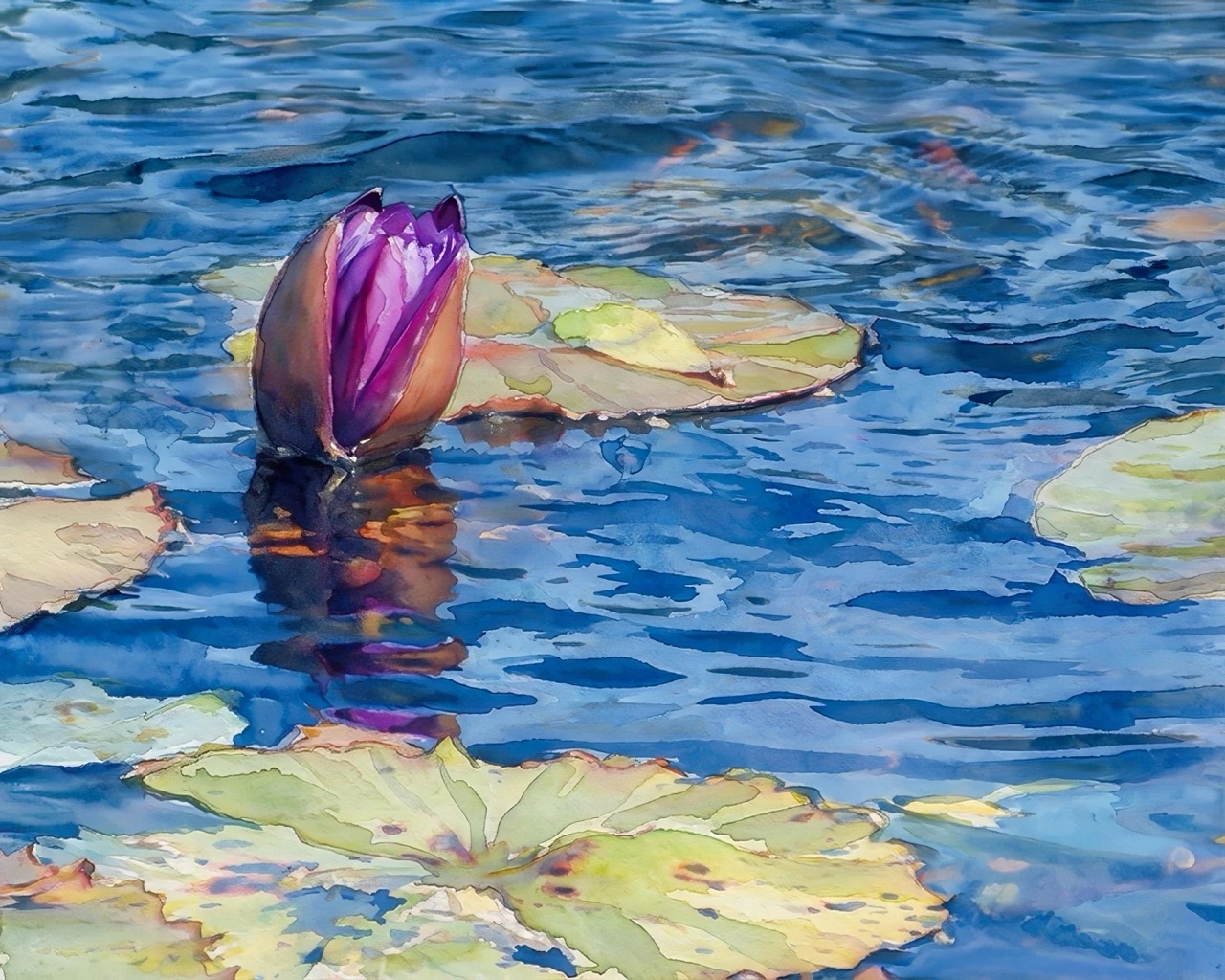 Waterlily in Bloom watercolor fine art print of a purple water lily bud at the Dallas Arboretum by Deborah Heinlen