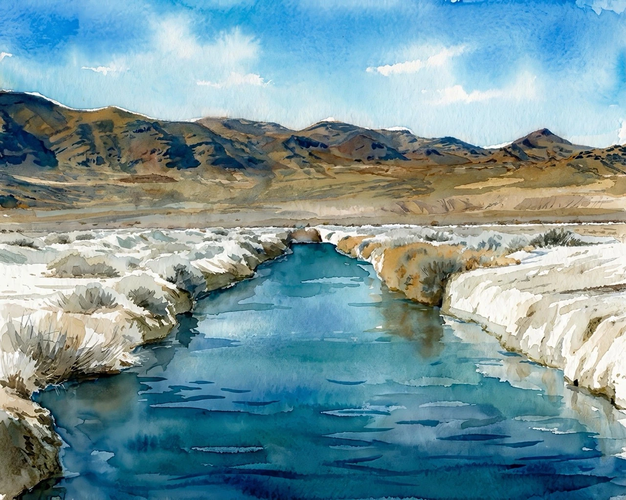 Blue Channels watercolor fine art print of water channels in the Great Salt Lake of Utah by Deborah Heinlen