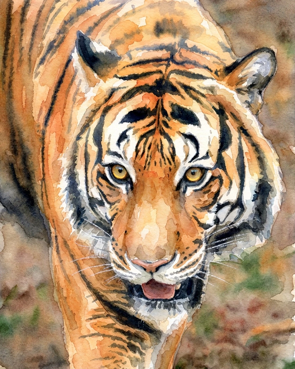 Focused Intent watercolor fine art print of a Bengal tiger walking toward the viewer by Deborah Heinlen