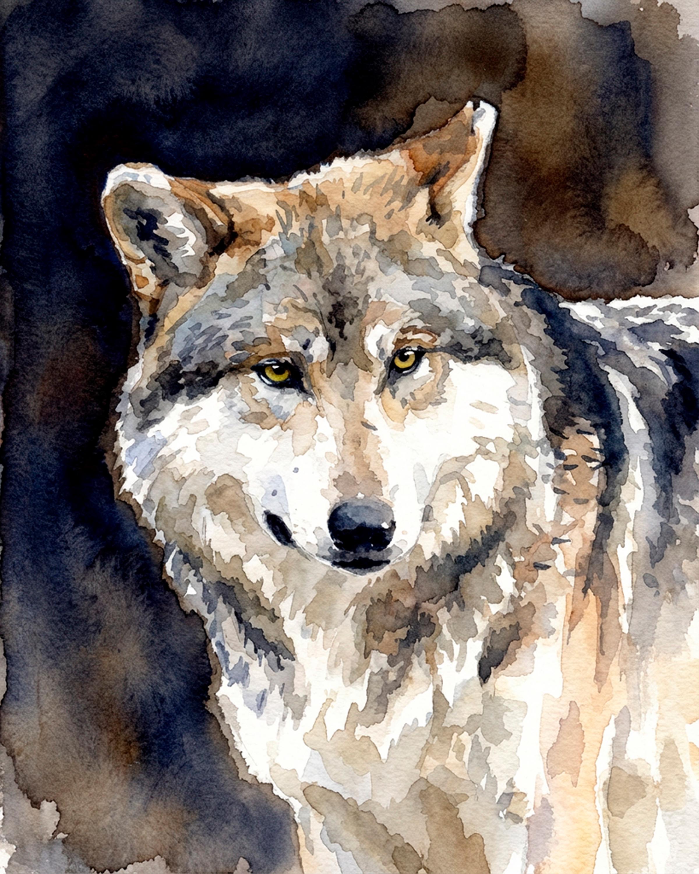 Pathfinder watercolor fine art print of a gray wolf close portrait with golden eyes by Deborah Heinlen